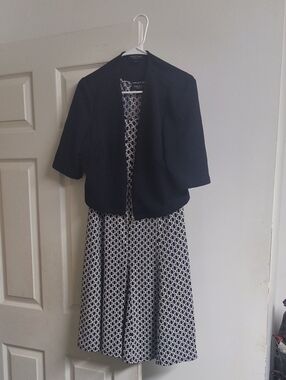 Perceptions Navy Jacket with Navy and White Geometric Midi Dress